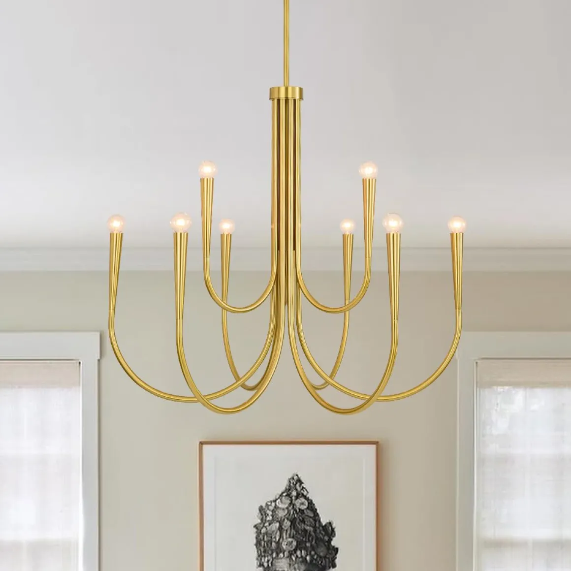 Brass Mid-Century Minimalist Tiered Candle Style Chandelier