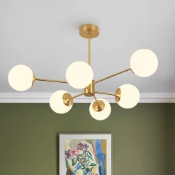 Brass Opal Glass Globe Tier Sputnik Chandelier