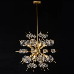 Brass Ribbed Glass Globe Bubble Sputnik Sunburst Chandelier