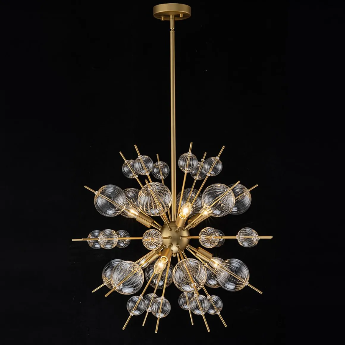 Brass Ribbed Glass Globe Bubble Sputnik Sunburst Chandelier