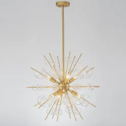 Brass Ribbed Glass Globe Bubble Sputnik Sunburst Chandelier