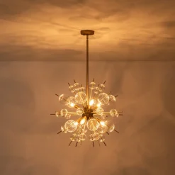 Brass Ribbed Glass Globe Bubble Sputnik Sunburst Chandelier