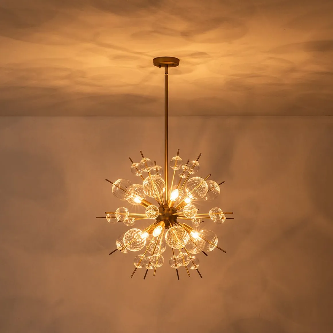 Brass Ribbed Glass Globe Bubble Sputnik Sunburst Chandelier