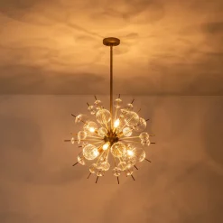 Brass Ribbed Glass Globe Bubble Sputnik Sunburst Chandelier