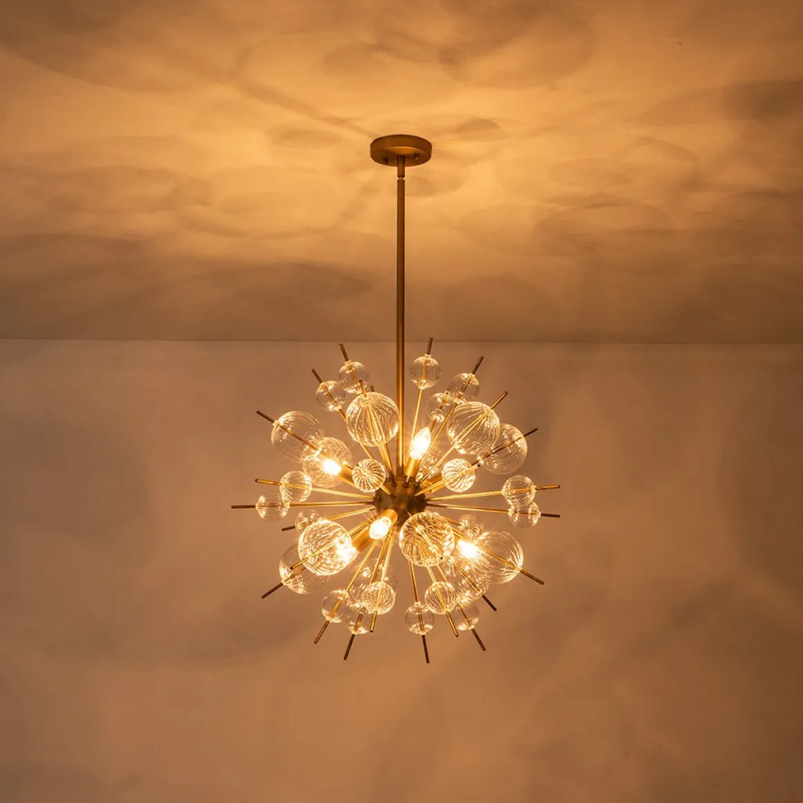 Brass Ribbed Glass Globe Bubble Sputnik Sunburst Chandelier