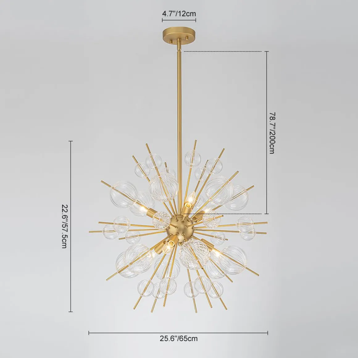Brass Ribbed Glass Globe Bubble Sputnik Sunburst Chandelier