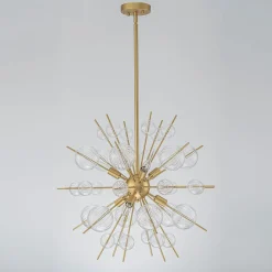 Brass Ribbed Glass Globe Bubble Sputnik Sunburst Chandelier