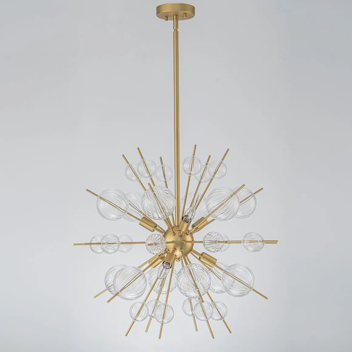 Brass Ribbed Glass Globe Bubble Sputnik Sunburst Chandelier