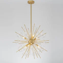 Brass Ribbed Glass Globe Bubble Sputnik Sunburst Chandelier