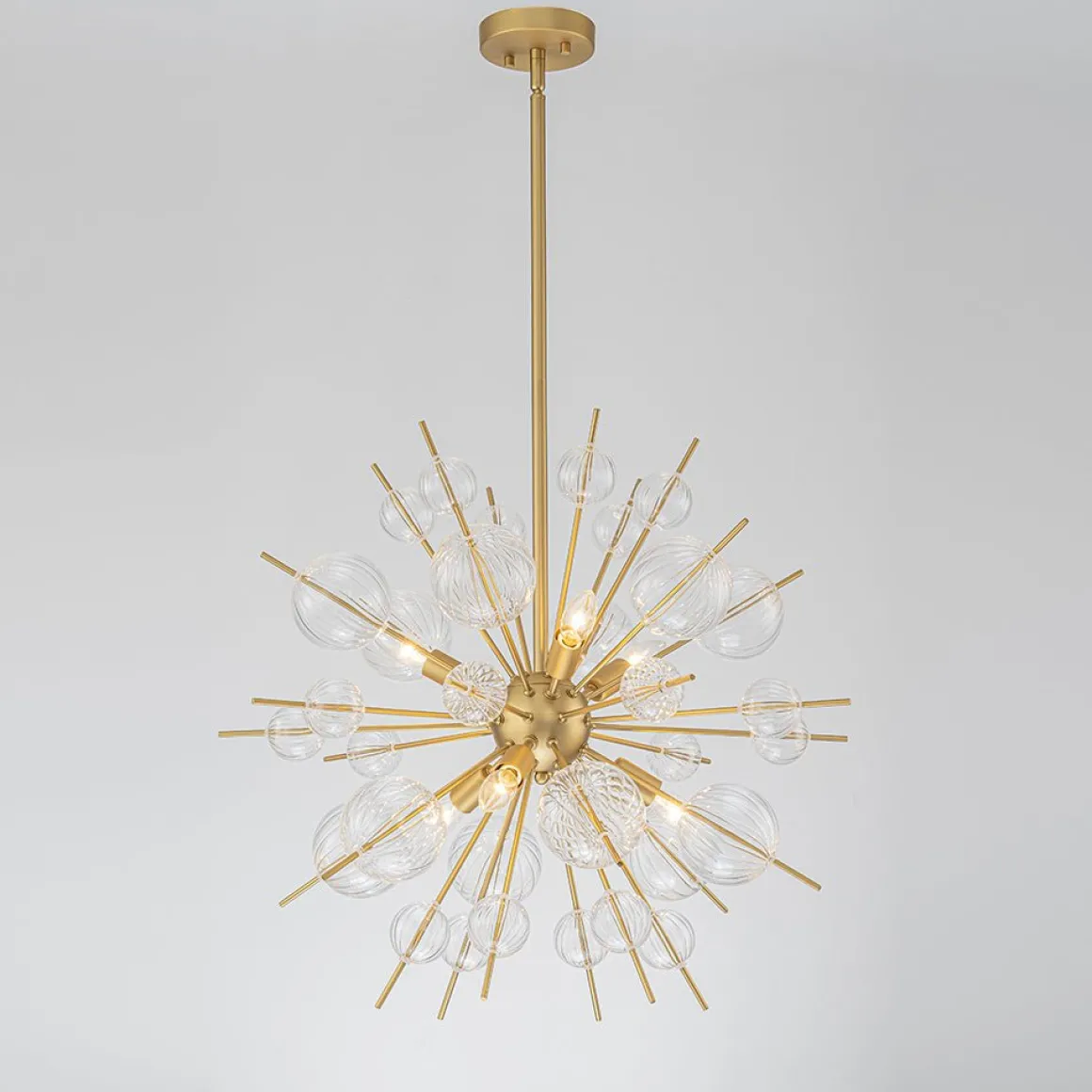 Brass Ribbed Glass Globe Bubble Sputnik Sunburst Chandelier