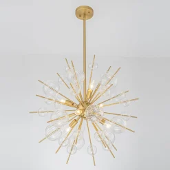 Brass Ribbed Glass Globe Bubble Sputnik Sunburst Chandelier