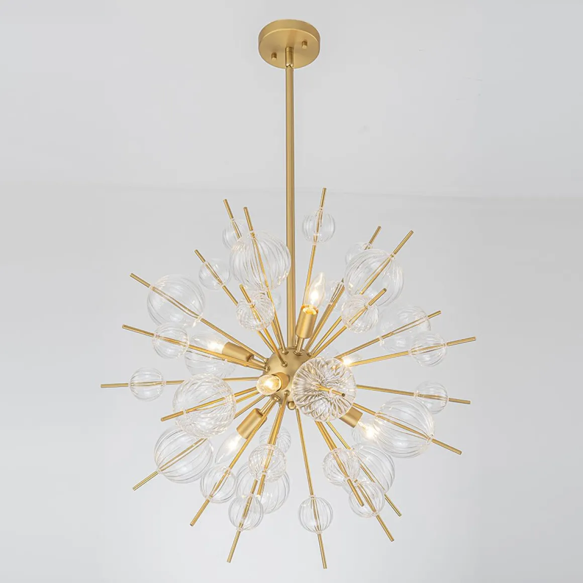 Brass Ribbed Glass Globe Bubble Sputnik Sunburst Chandelier