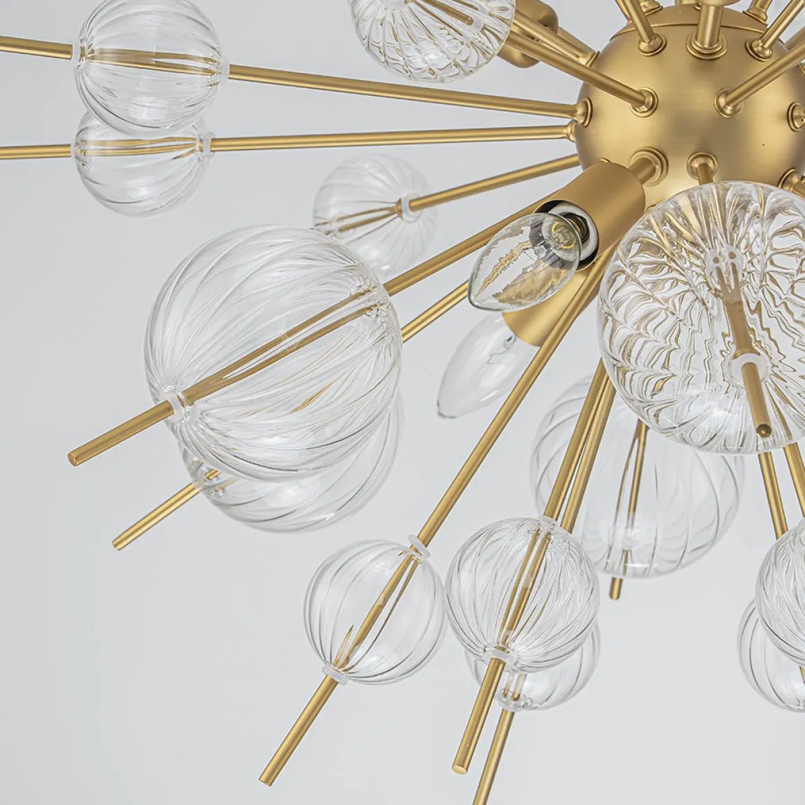 Brass Ribbed Glass Globe Bubble Sputnik Sunburst Chandelier