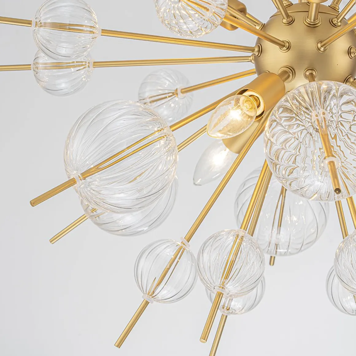 Brass Ribbed Glass Globe Bubble Sputnik Sunburst Chandelier