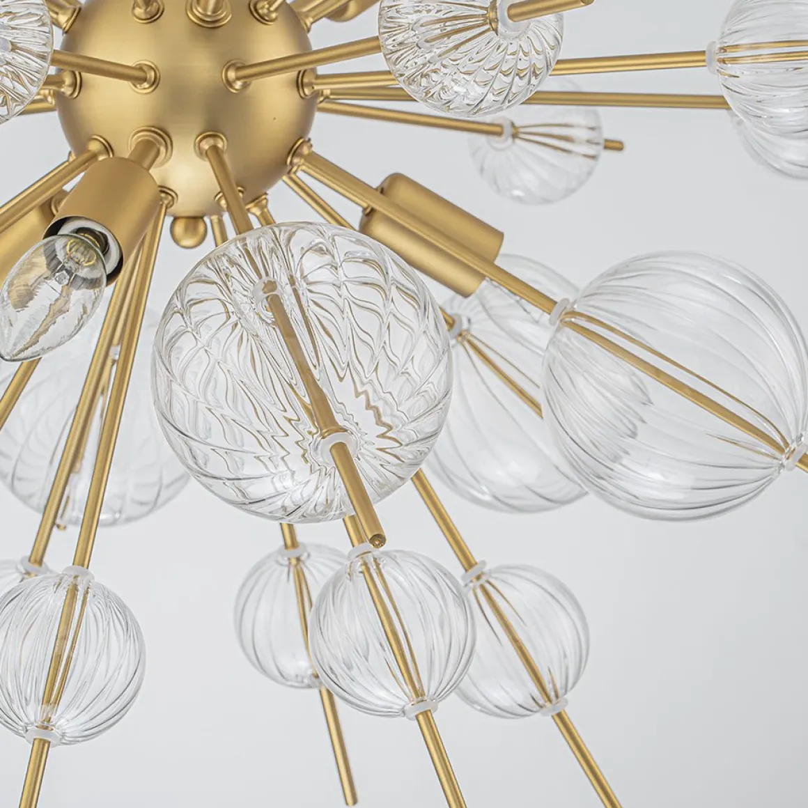 Brass Ribbed Glass Globe Bubble Sputnik Sunburst Chandelier