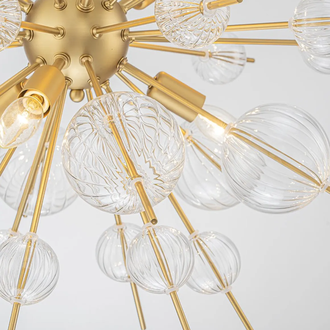 Brass Ribbed Glass Globe Bubble Sputnik Sunburst Chandelier