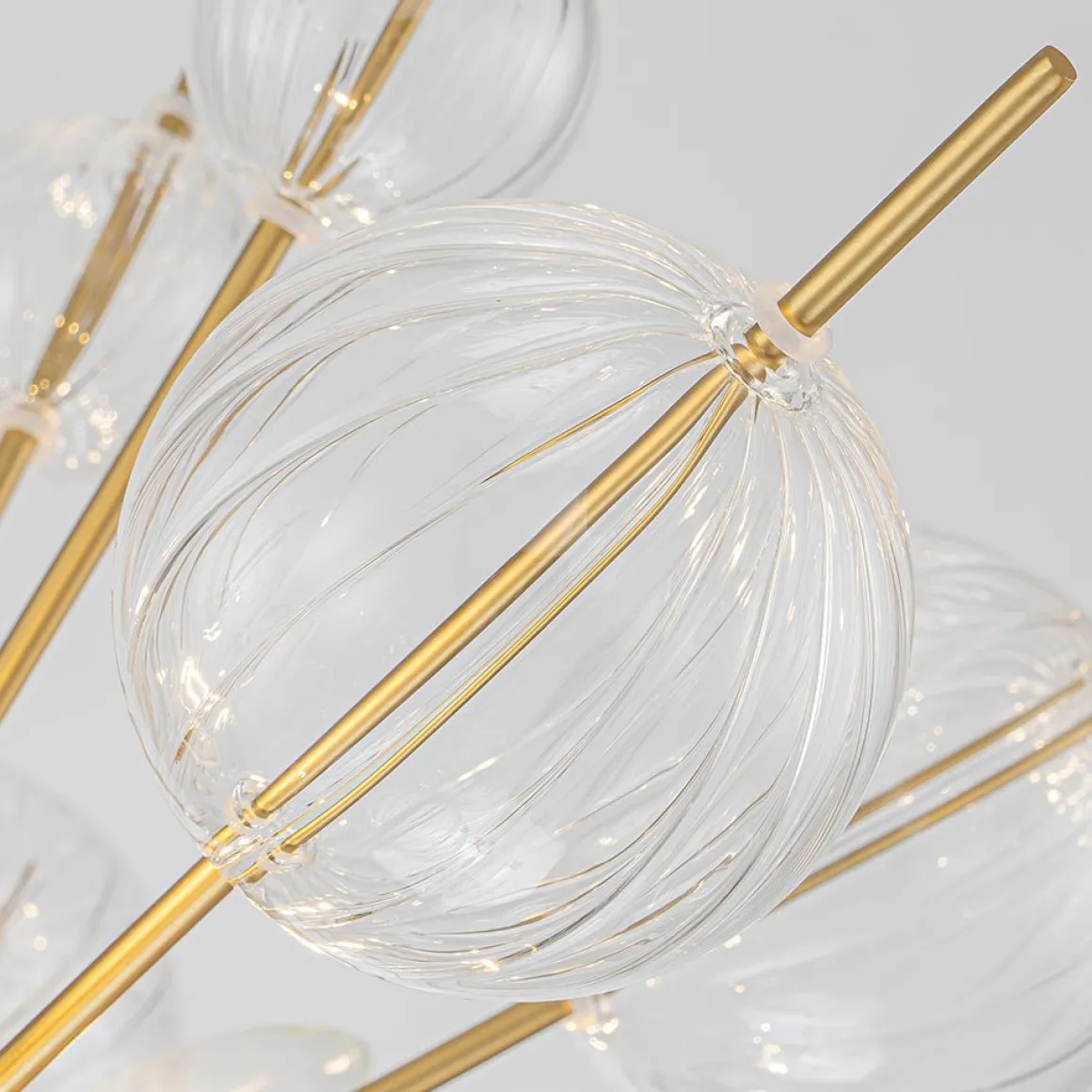 Brass Ribbed Glass Globe Bubble Sputnik Sunburst Chandelier