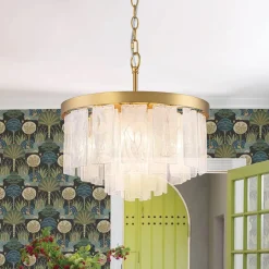 Brass Round Tiered Opal Swirl Glass Pendant Chandelier