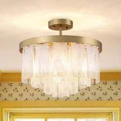 Brass Round Tiered Opal Swirl Glass Pendant Chandelier