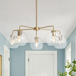Brass Striped Ribbed Glass Globe 5-light Sputnik Chandelier