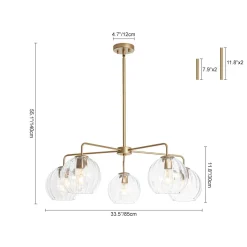 Brass Striped Ribbed Glass Globe 5-light Sputnik Chandelier