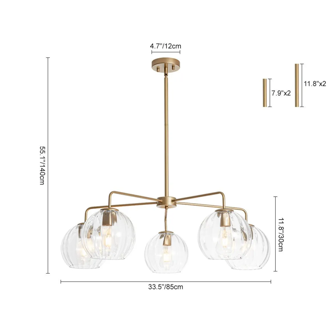 Brass Striped Ribbed Glass Globe 5-light Sputnik Chandelier