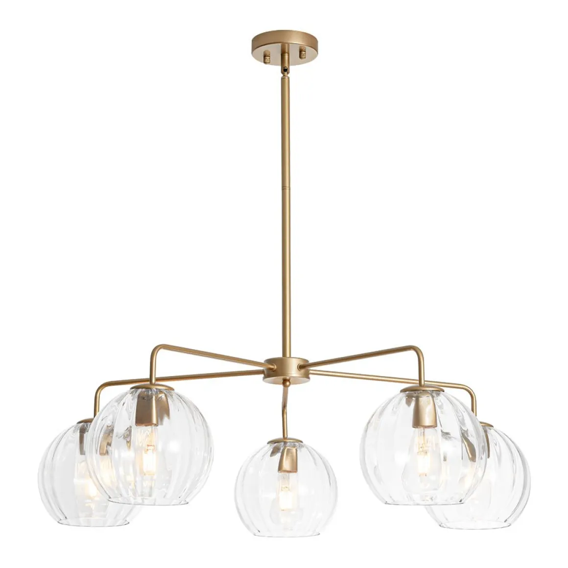 Brass Striped Ribbed Glass Globe 5-light Sputnik Chandelier