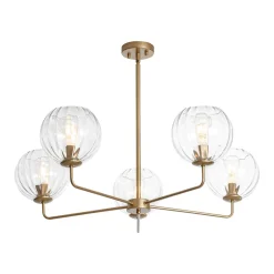 Brass Striped Ribbed Glass Globe 5-light Sputnik Chandelier