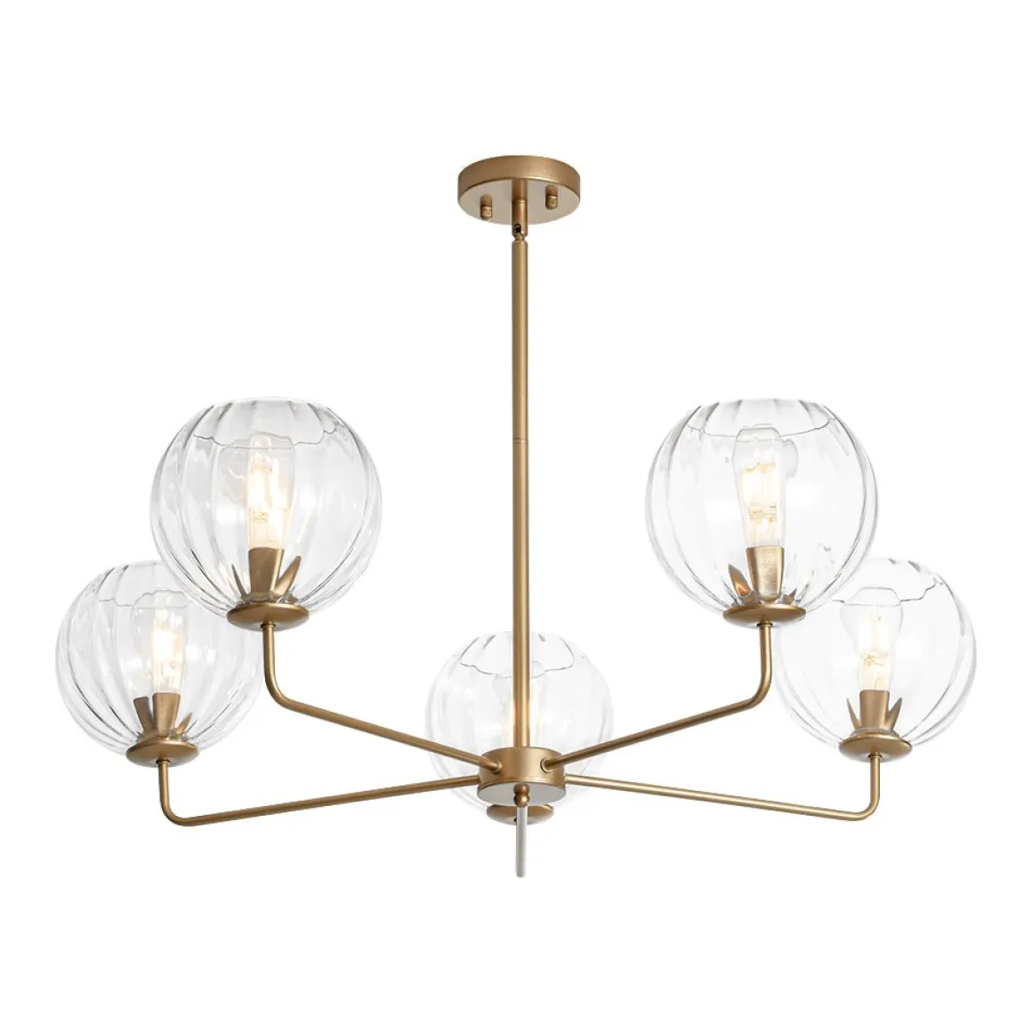 Brass Striped Ribbed Glass Globe 5-light Sputnik Chandelier