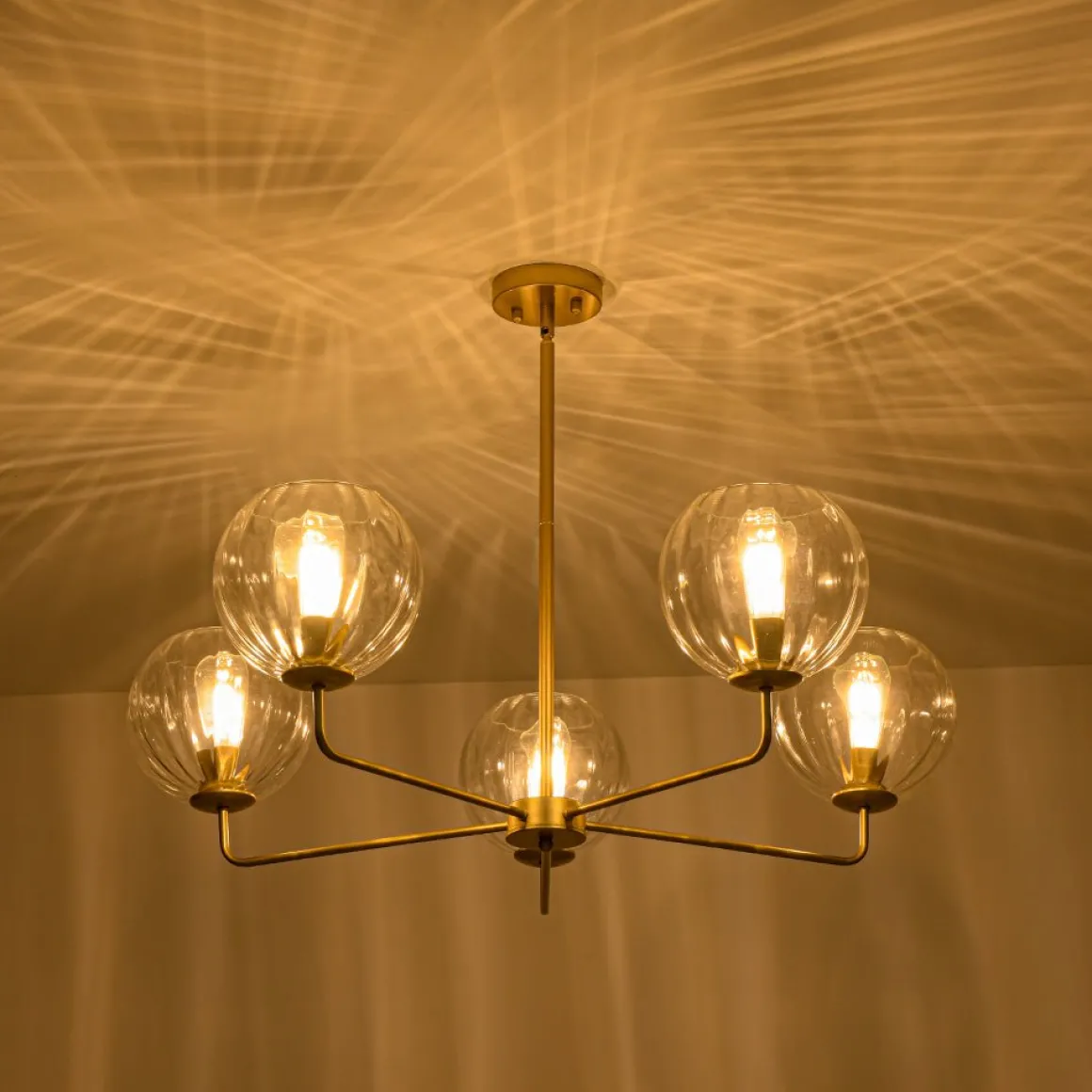 Brass Striped Ribbed Glass Globe 5-light Sputnik Chandelier