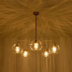 Brass Striped Ribbed Glass Globe 5-light Sputnik Chandelier