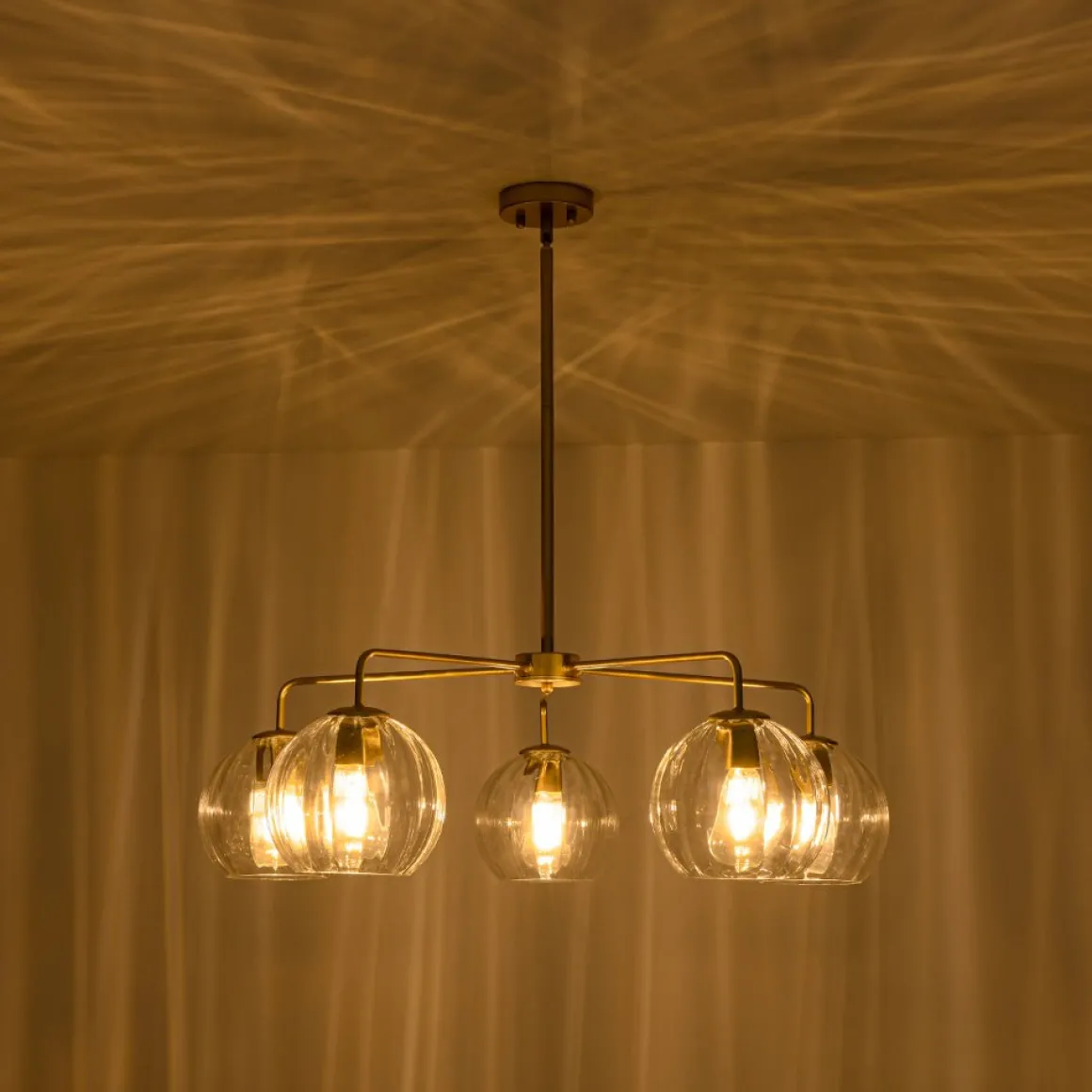 Brass Striped Ribbed Glass Globe 5-light Sputnik Chandelier