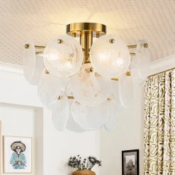 Brass Tiered Opal Swirl Glass Semi Flush Chandelier