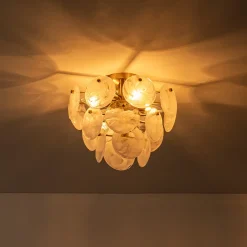 Brass Tiered Opal Swirl Glass Semi Flush Chandelier