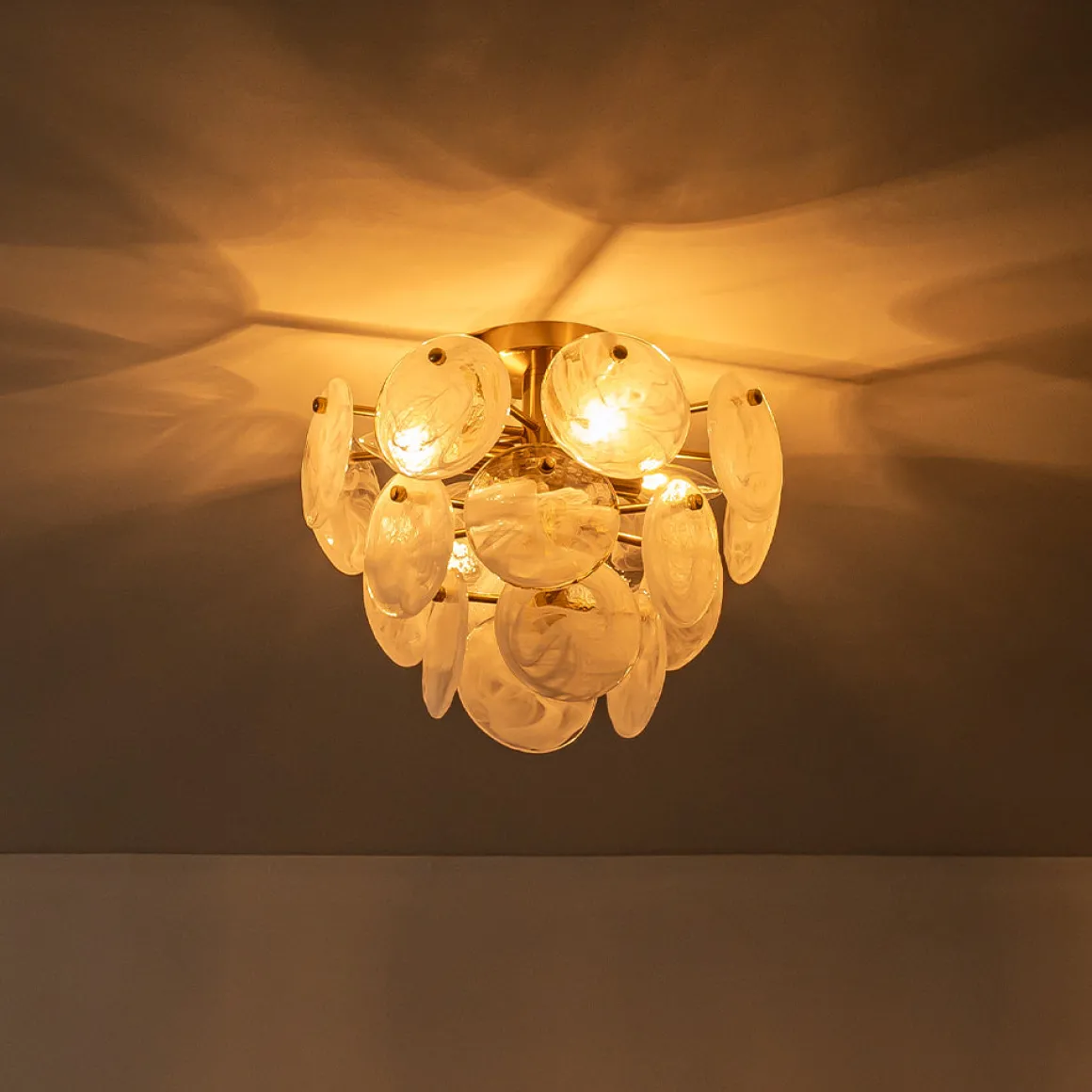 Brass Tiered Opal Swirl Glass Semi Flush Chandelier