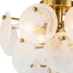 Brass Tiered Opal Swirl Glass Semi Flush Chandelier