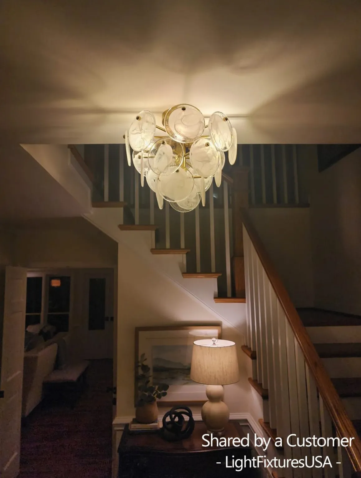 Brass Tiered Opal Swirl Glass Semi Flush Chandelier
