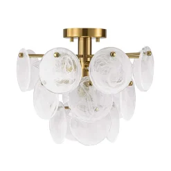 Brass Tiered Opal Swirl Glass Semi Flush Chandelier
