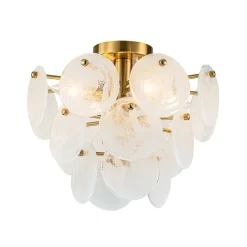 Brass Tiered Opal Swirl Glass Semi Flush Chandelier