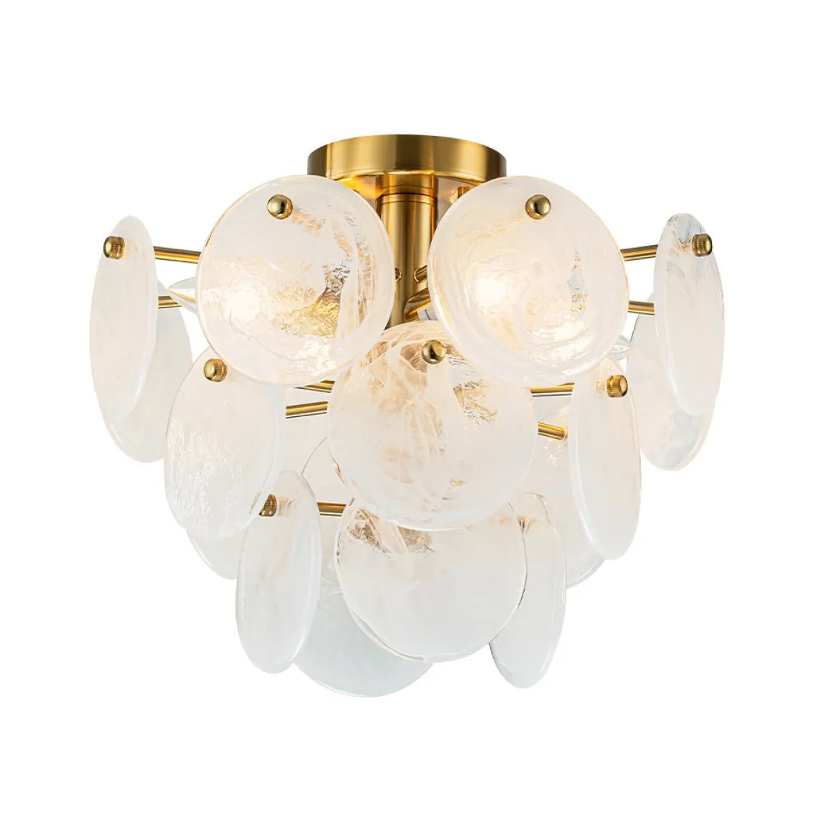 Brass Tiered Opal Swirl Glass Semi Flush Chandelier