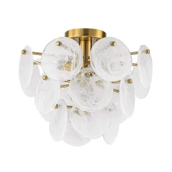 Brass Tiered Opal Swirl Glass Semi Flush Chandelier