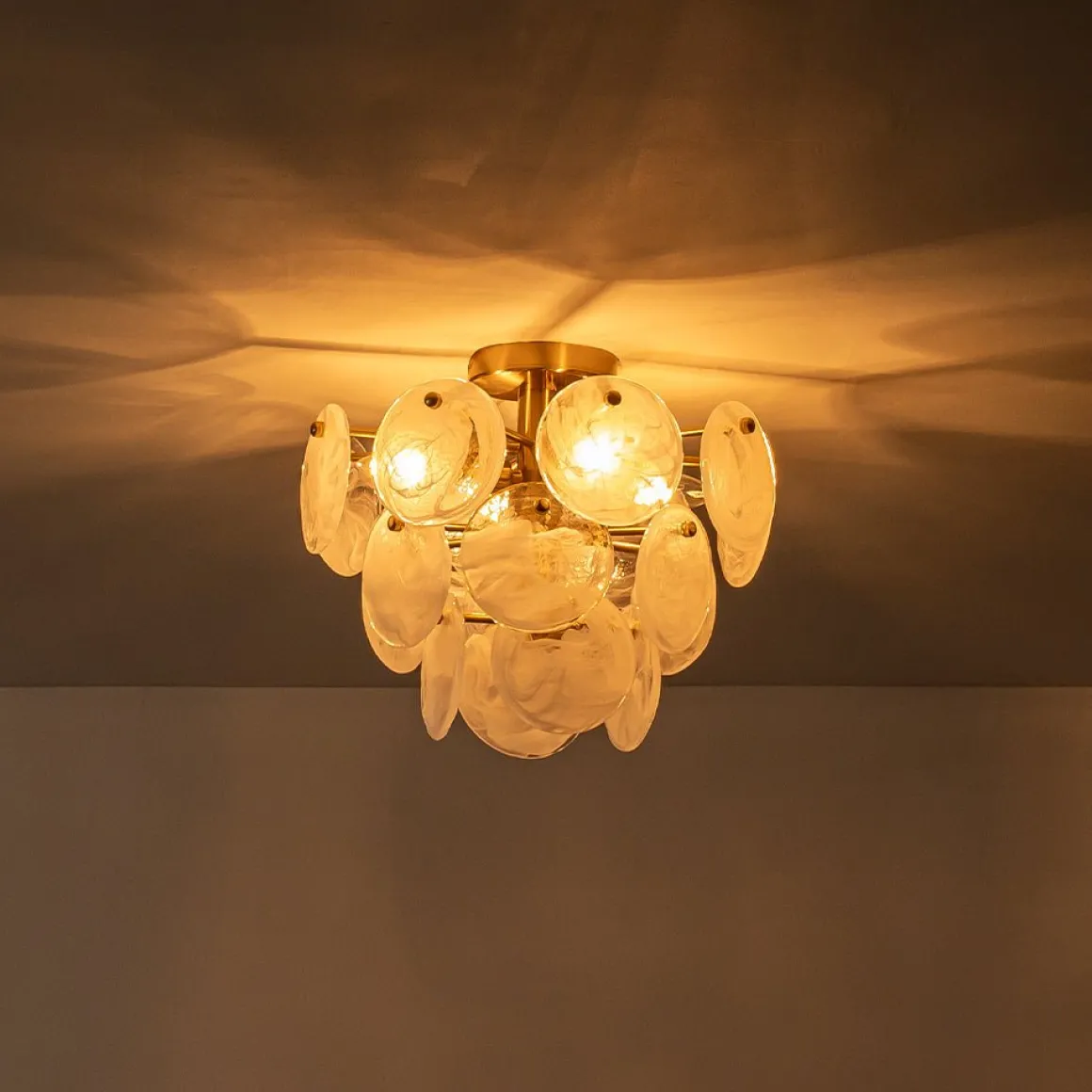 Brass Tiered Opal Swirl Glass Semi Flush Chandelier