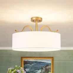 Brass White Fabric Drum Cage Semi Flush Dual Mount Chandelier