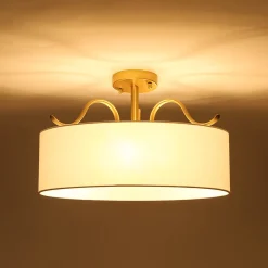 Brass White Fabric Drum Cage Semi Flush Dual Mount Chandelier