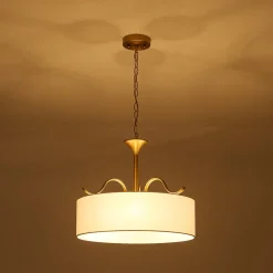Brass White Fabric Drum Cage Semi Flush Dual Mount Chandelier
