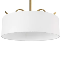 Brass White Fabric Drum Cage Semi Flush Dual Mount Chandelier