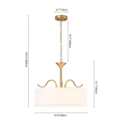 Brass White Fabric Drum Cage Semi Flush Dual Mount Chandelier