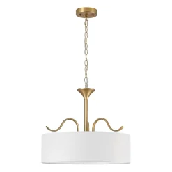 Brass White Fabric Drum Cage Semi Flush Dual Mount Chandelier
