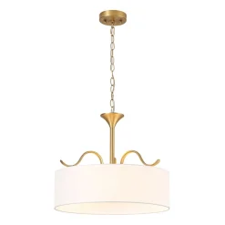 Brass White Fabric Drum Cage Semi Flush Dual Mount Chandelier