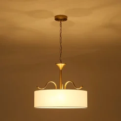 Brass White Fabric Drum Cage Semi Flush Dual Mount Chandelier